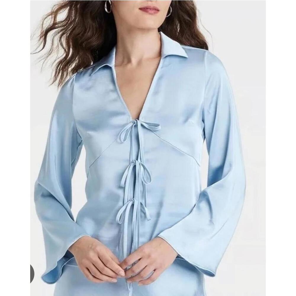 New A New Day Womens Bell Sleeve Satin Collared  Tie Top XS